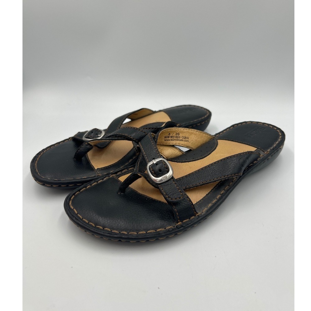 Born Black Leather Thong Sandals Women's Size 8 Buckle Strap W31863